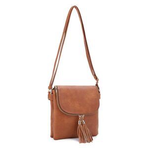 Cognac Flap-over Two Compartment Crossbody With Tassels